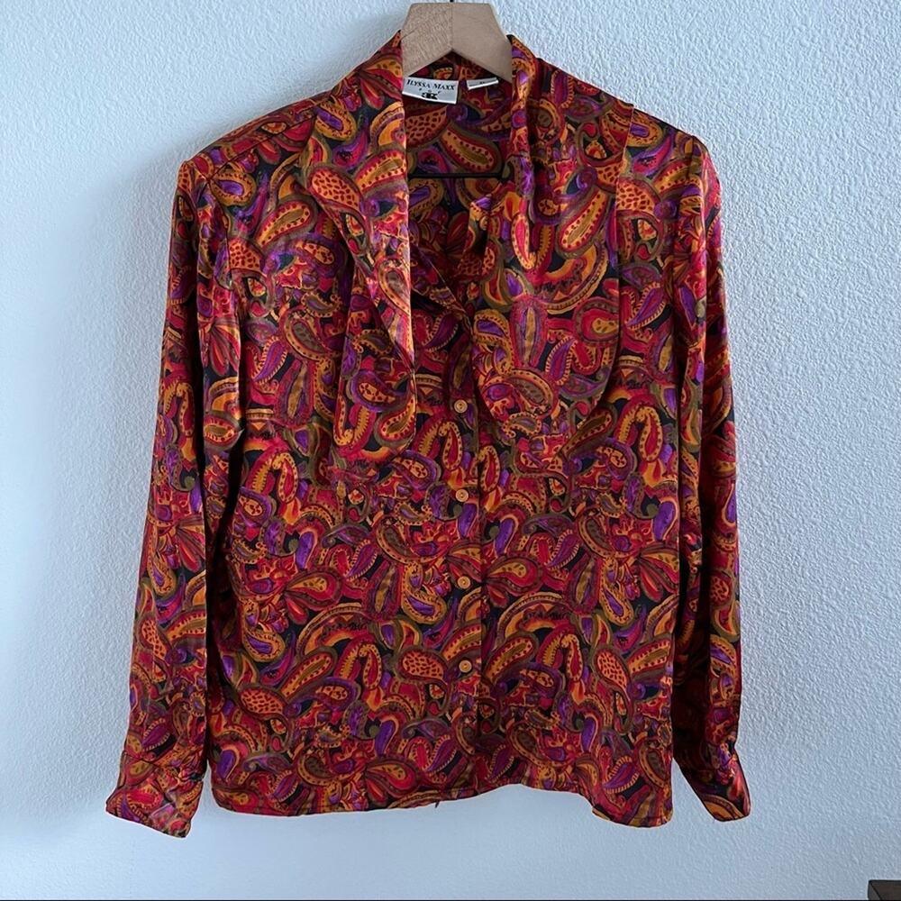 Vintage 90s Y2K Iyssa Maxx for 3K Paisley Silky Top Neck Tie Shoulder Pads Large